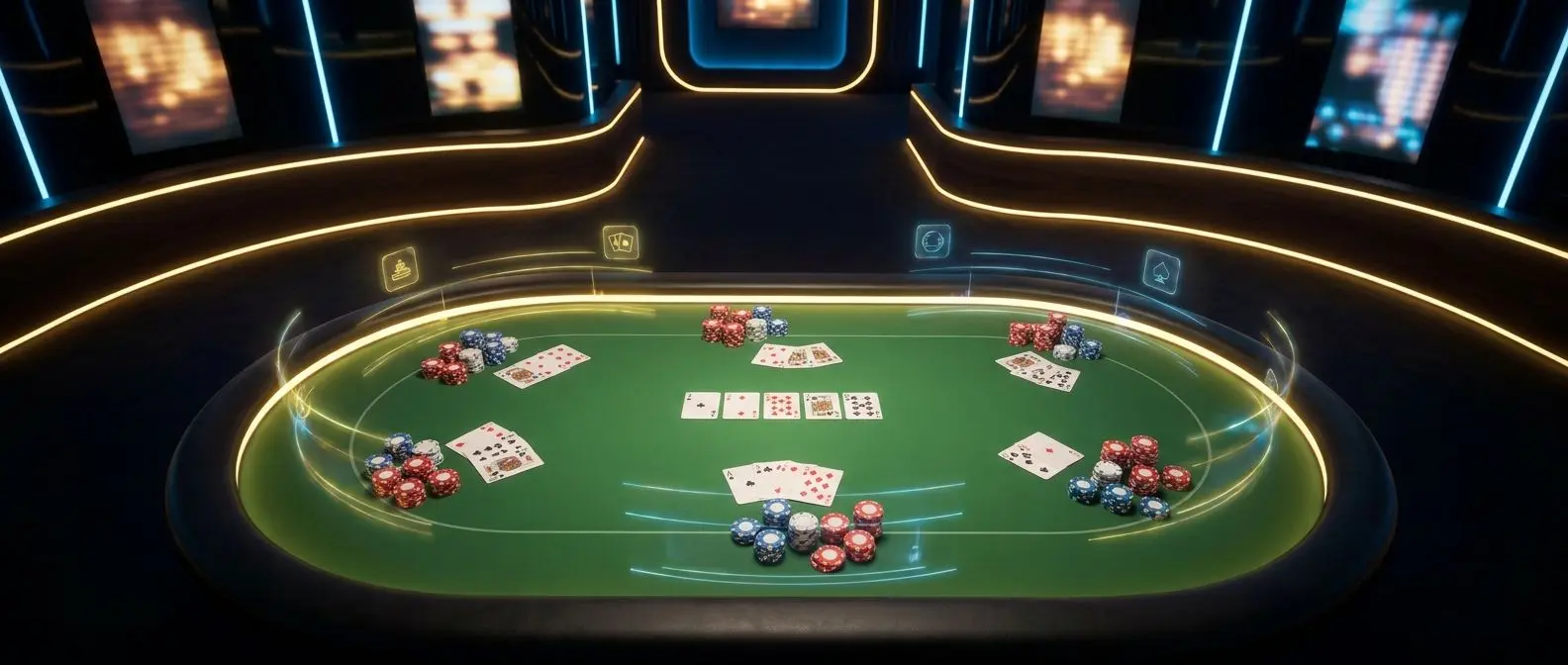 Mesa de póker online con fichas y cartas en un entorno digital elegante