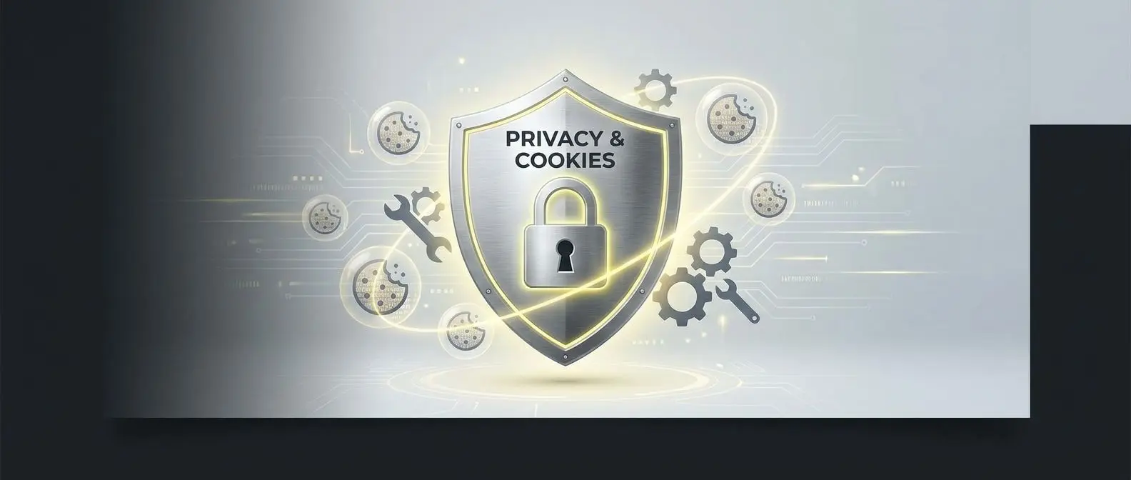 Escudo con candado y iconos de cookies y ajustes en estilo corporativo
