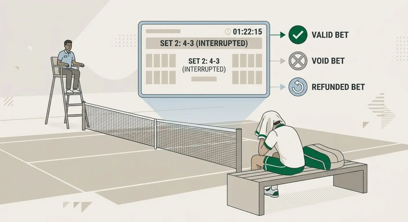 Partido de tenis interrumpido con iconos de apuesta válida, anulada y reembolsada
