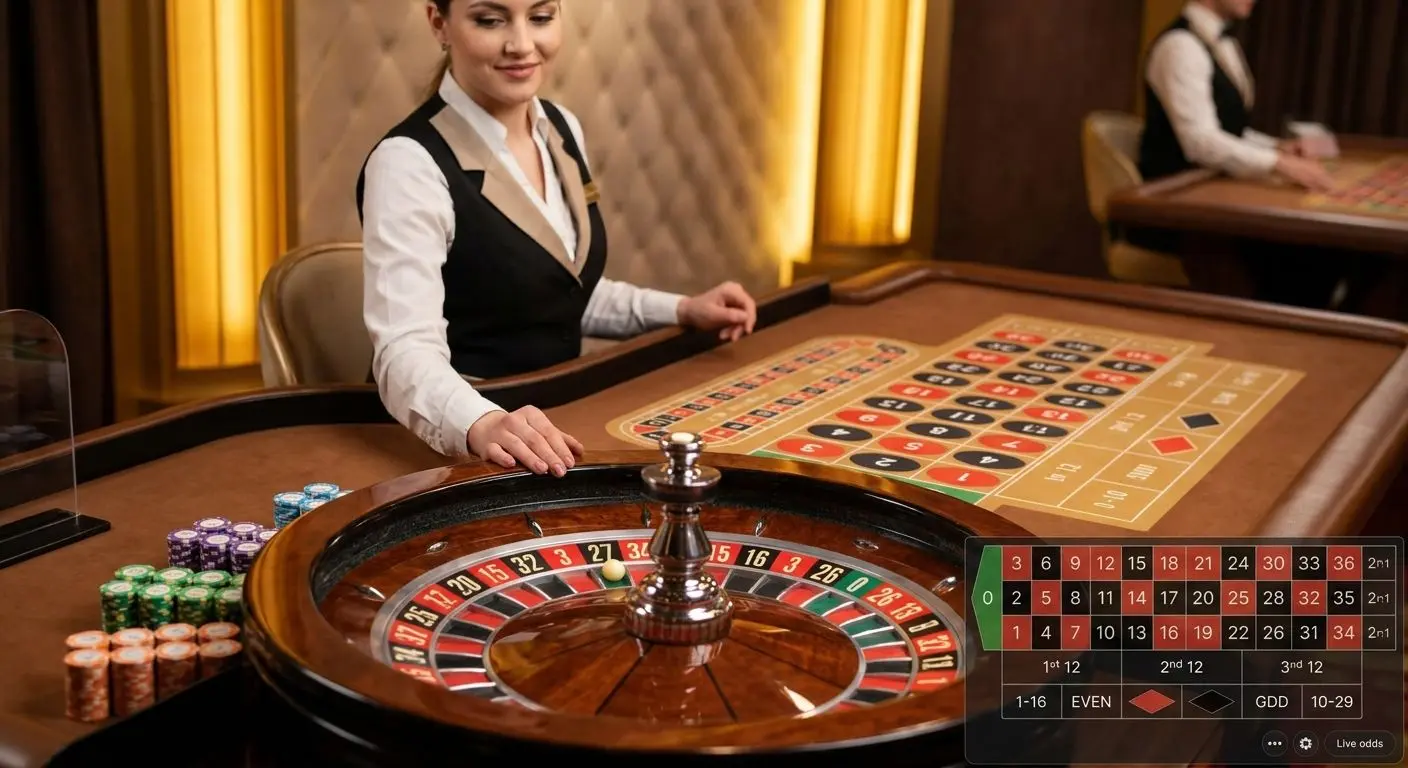 Escena de ruleta en vivo con crupier, rueda, fichas e interfaz online