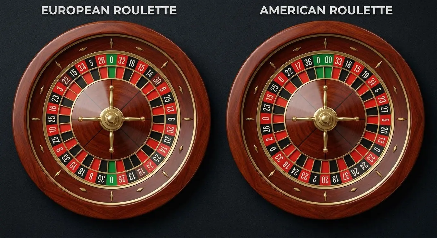 Comparación visual entre rueda de ruleta europea y americana con 0 y 00