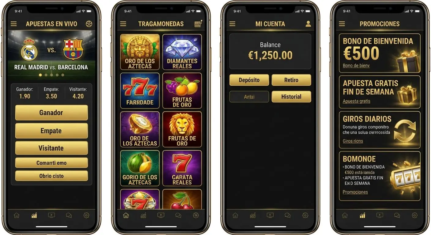 Collage de secciones internas de una app de apuestas y casino en iPhone