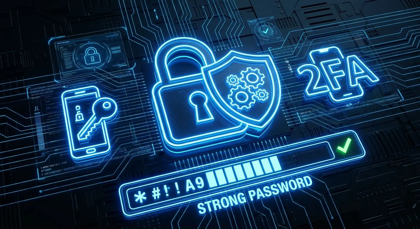 Iconos de seguridad como candado, 2FA y contraseña fuerte