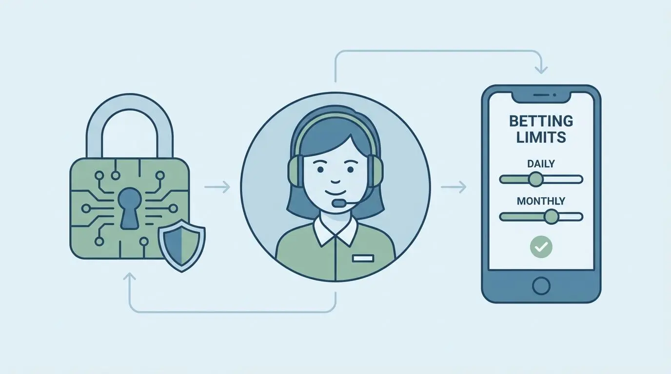 Ilustración de seguridad, soporte y límites en apuestas online
