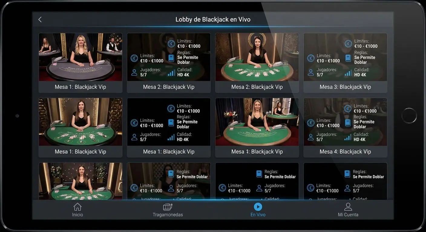 Pantalla de selección de mesas de blackjack en directo con límites y reglas