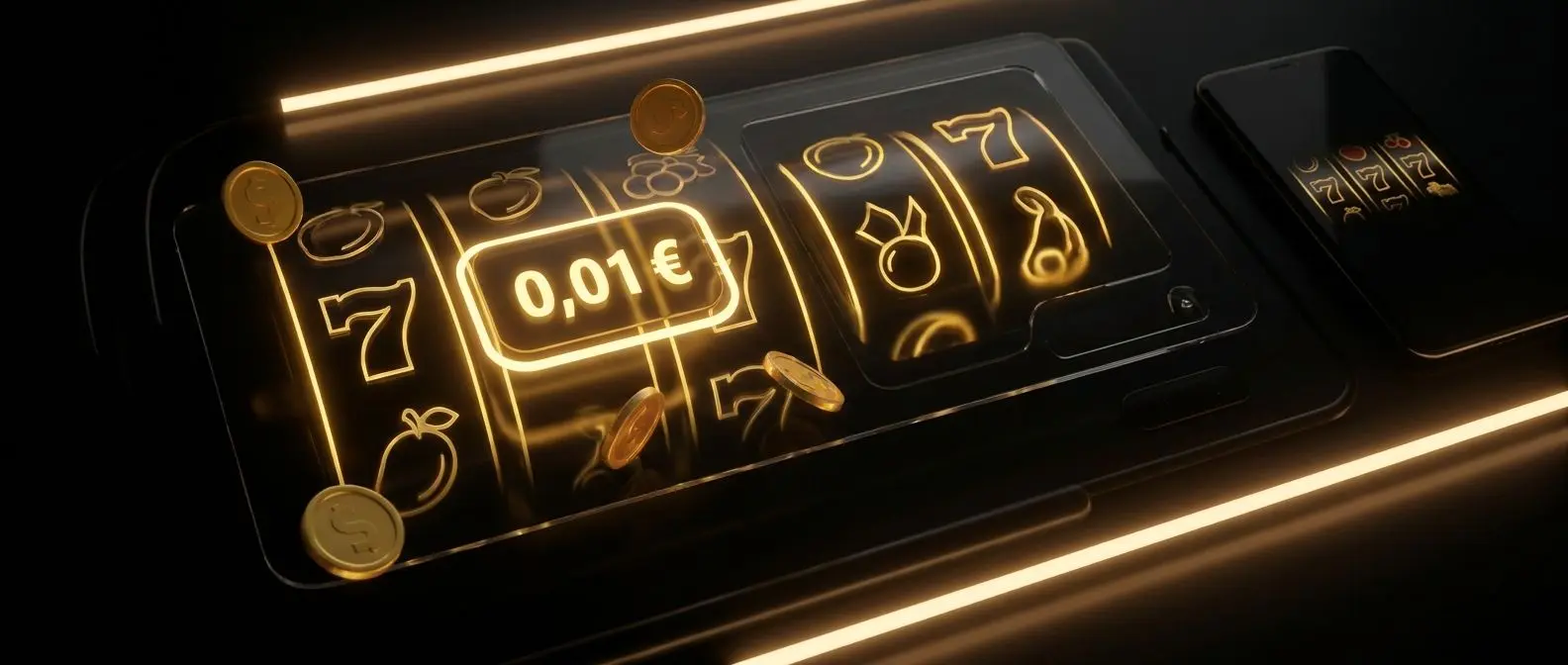 Banner de casino online con tragaperras, monedas y símbolo de 0,01 € en estilo Bwin