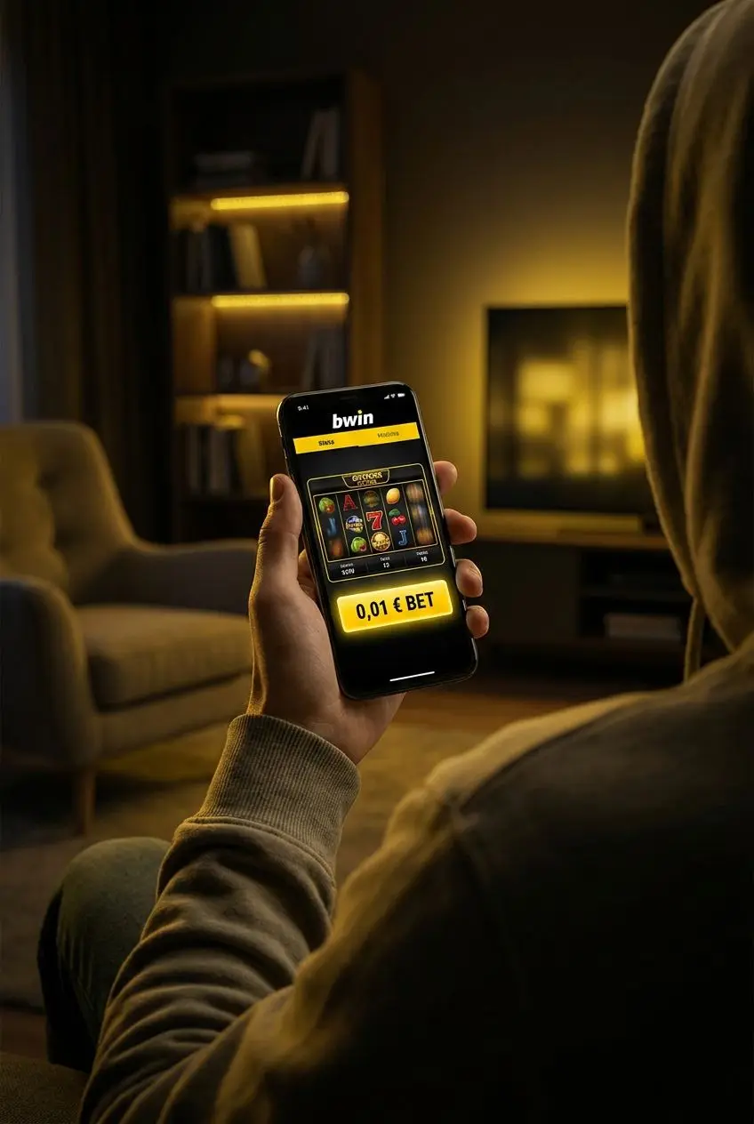 Jugador usando el móvil para jugar a slots con apuesta de 0,01 €