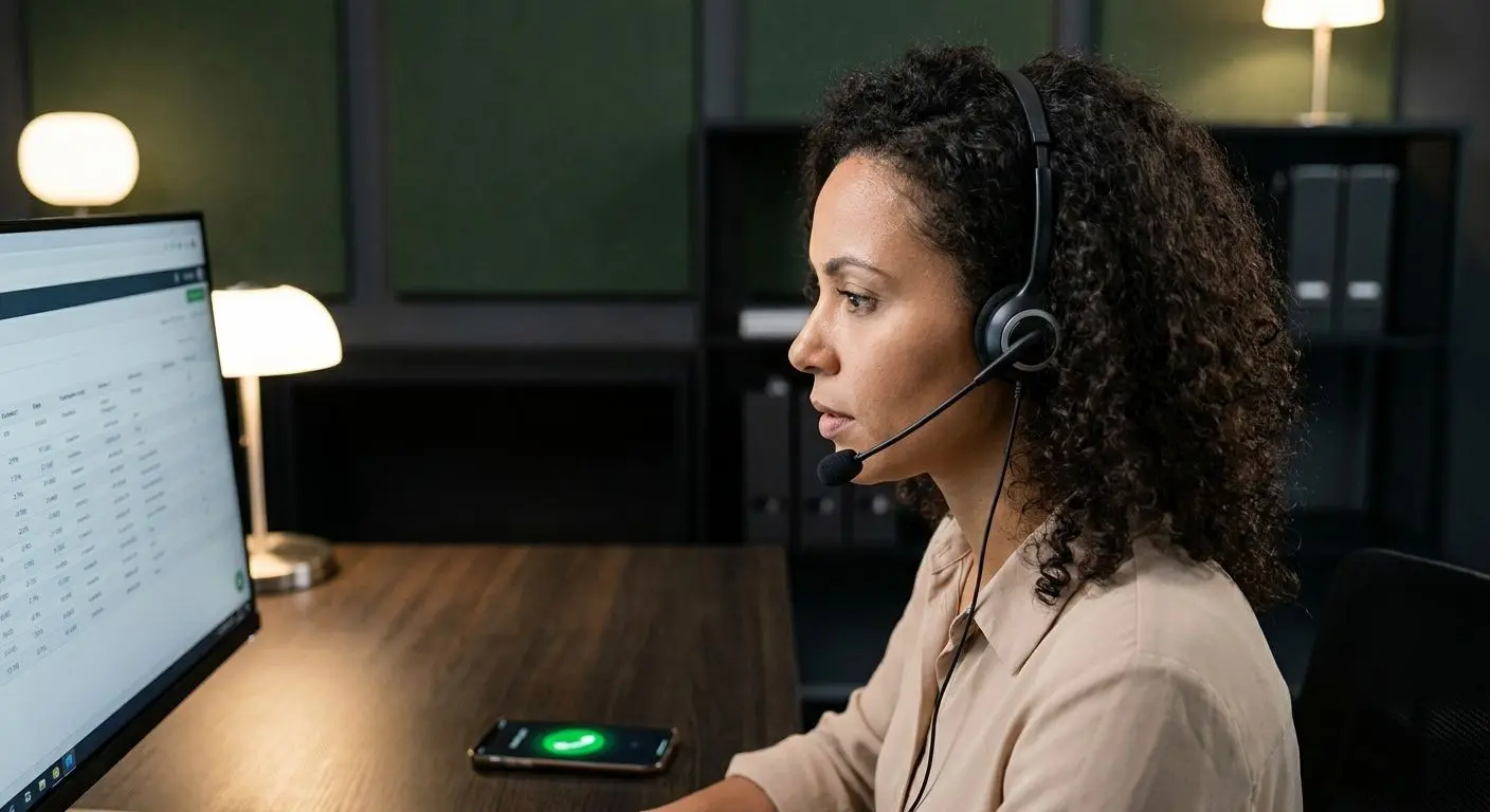Agente de soporte Bwin con auriculares junto a icono de teléfono