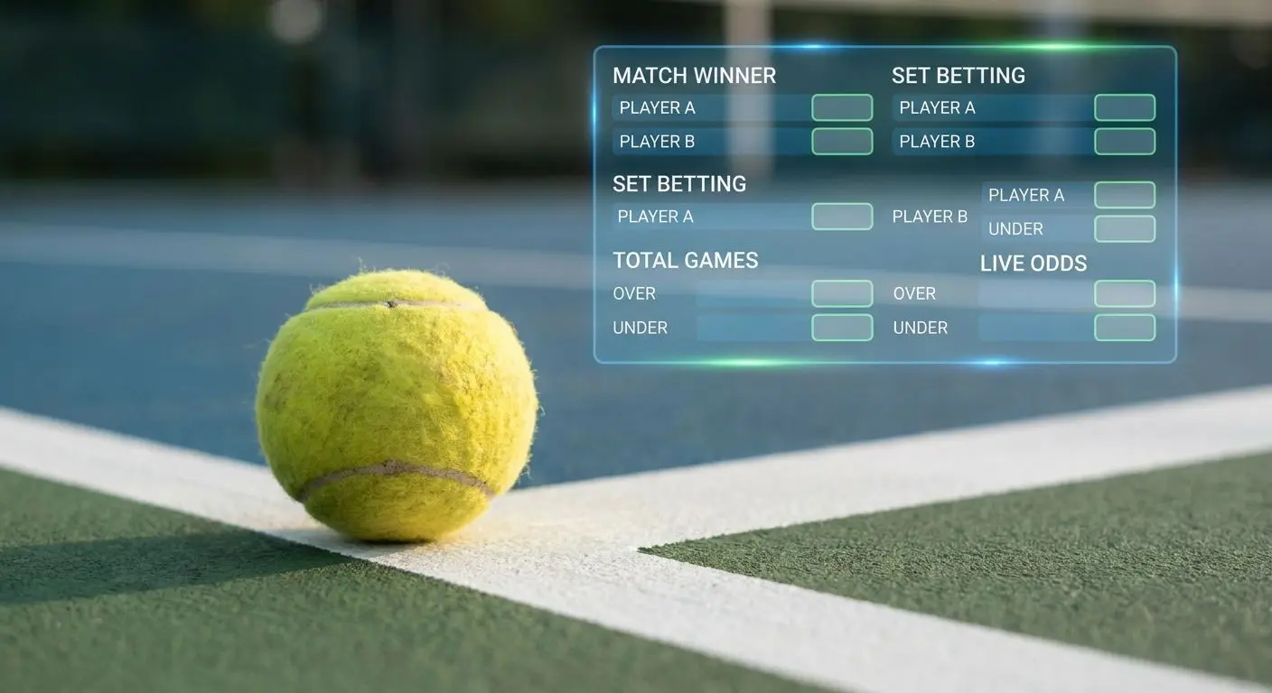 Pelota de tenis en pista con interfaz de cuotas difuminada al fondo